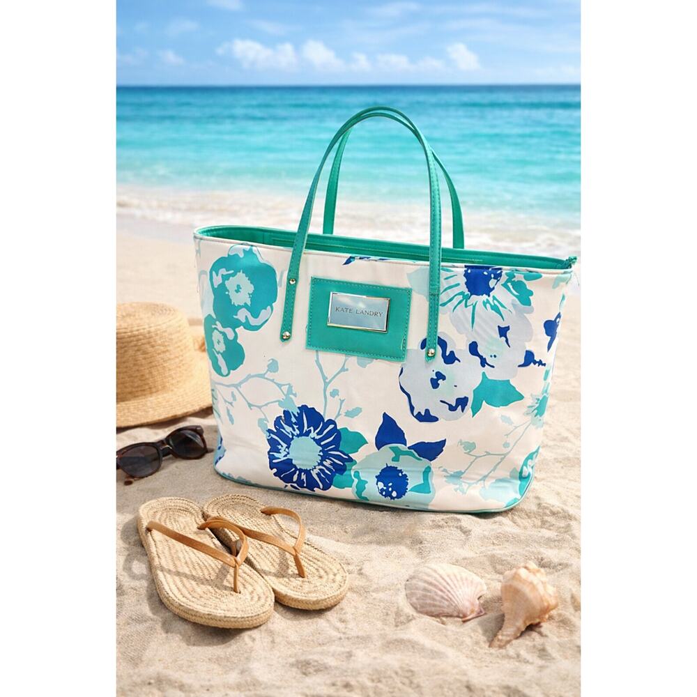 Kate Landry Floral Tote Bag Blue Green White Summer Beach Shoulder Bag